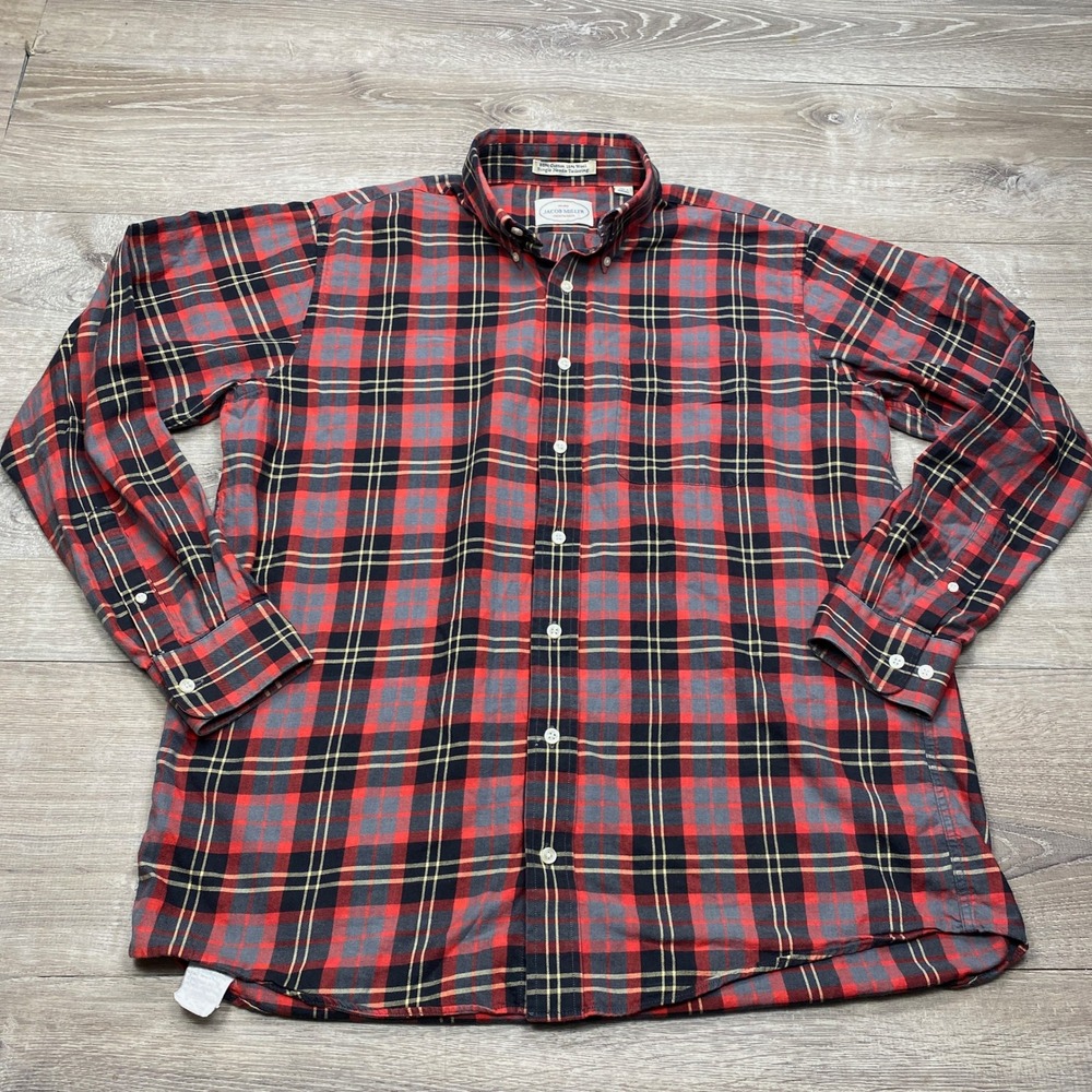 Jacob Miller Button Down Mens L Red Plaid Cotton Wool Tailored Casual Shirt
